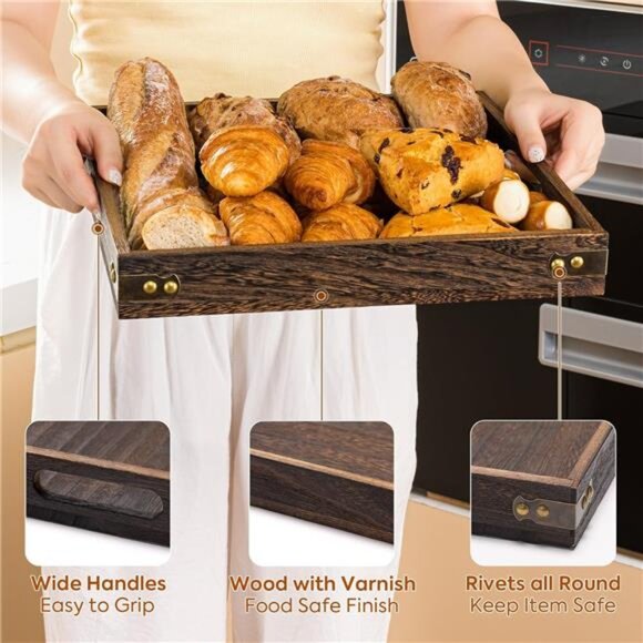 Wood serving tray with handles square decorative coffee table ottoman kitchen tr - Picture 4 of 7